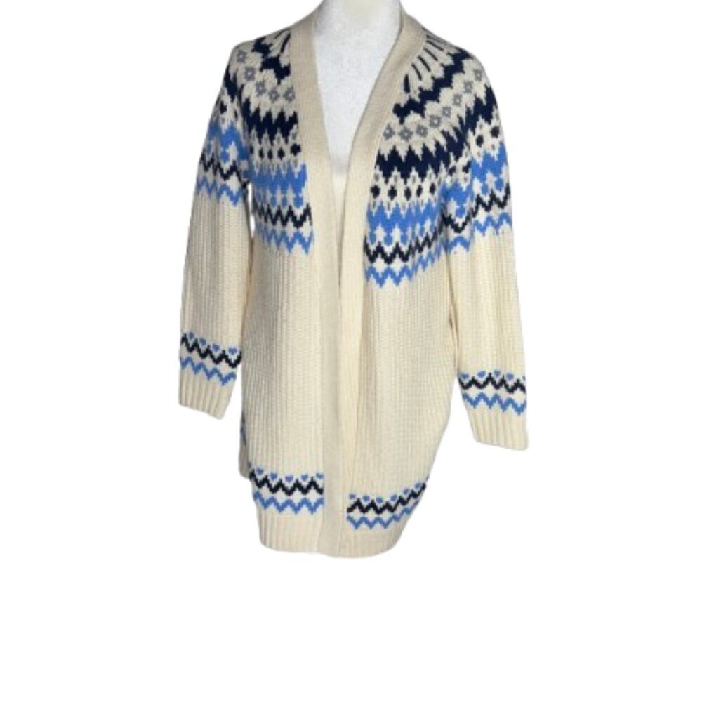 NWT Women's Large St. John's Bay Blue white Long Open Front Sweater Cardigan